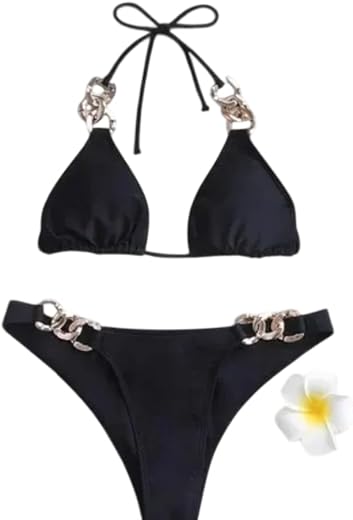 Women's Luxury Bikini Set with Gold Chain Detail, Halter Triangle Swimsuit for Honeymoon, Beach, or Romantic Getaway