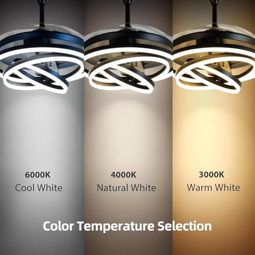 Image of HDC Invisible Black Rings Ceiling Fan Chandelier - Retractable ABS Blades Fandelier with Remote Control - Modern LED Ceiling Fan with Light for Living Room & Bedroom - Luxury Lighting