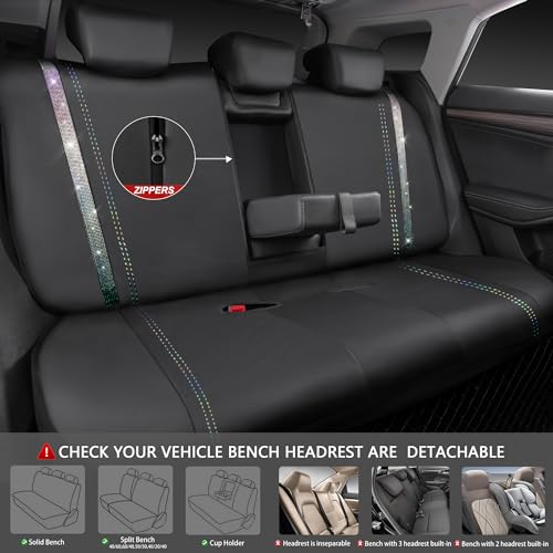 Image of CAR PASS Bling Diamond Car Seat Covers Full Set, Shining Rhinestone Waterproof Faux Leather, Rear with Zipper, Universal Fit Automotive Glitter Crystal Sparkle Strips for Cute Women Girl,Muticolor
