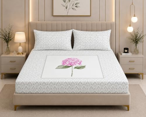 Image of Cotton Feel Digital Print Double Bed Fitted Bedsheet All Around Elastic King Size with 2 Pillow Covers(72 inch x 78 inch inches, Bloom Flowers)
