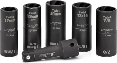 Image of NEIKO 02340A Twist Socket Set, 6 Pc Lug Nut Extractor, SAE & Metric, 1 /2 Inch Dr. Impact Flip, 6 Point, CR-Mo Steel Wheel, 3 inch Impact Extension Bar, Black