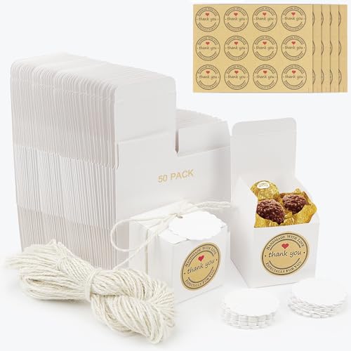 Boite Cadeau Kraft Vide Boites Cadeaux 50 Pcs Boite Carré + Corde de Chanvre + Étiqueter Reutilisable Carton Cadeau Emballage Coffret Box pour Anniversaire Mariages...