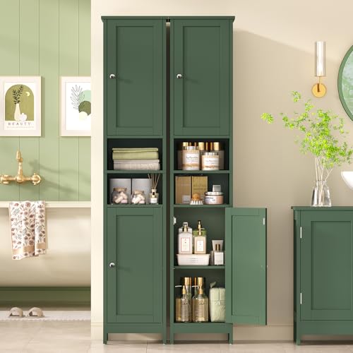 Image of TEENFON 67 inch Tall Bathroom Cabinet with Adjustable Shelves and Doors, Narrow Bathroom Storage Cabinet for Small Space, Living Room, Entryway, Kitchen, Green