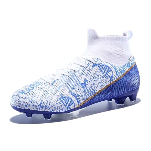 curunect Soccer Cleats Mens Women High-top Spikes AG Football Boots Outdoor Professional Training Futsal Soccer Shoes for Big Boys, Blue/White/Gold, US Men 8