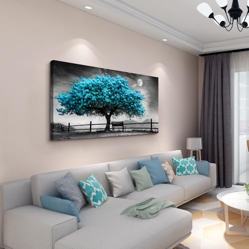 KELIYUAN Blue Tree Of Life Canvas Painting Living Room Office Bedroom Bathroom Wall Decoration Black And White Wall Art Print Modern Natural Tree Art Waterproof Can Be Directly Hung 20x40 In