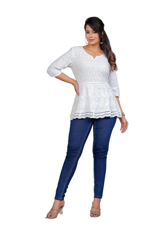 VAAKI Indian Hand Embroidered Chikankari Cotton Short Top Tunic Kurti Shirt for Women