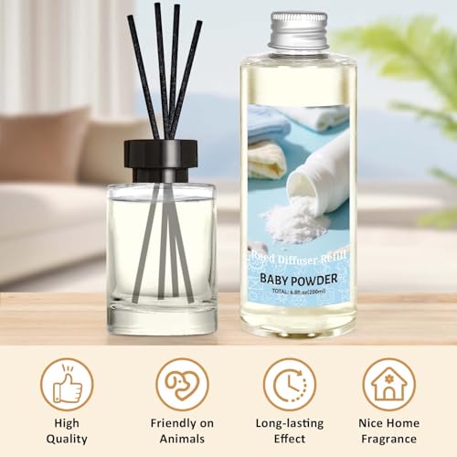 Image of STRN Reed Diffuser Refill, Baby Powder Scented Reed Diffuser Set, 200ml with Sticks, Long-Lasting Aromatherapy, Summer Fragrance for Bedroom, Spa, Bathroom, Office