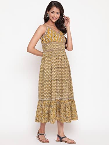 Image of SAVI Women's Cotton Printed Midi Dress | Sleeveless V-Neck A-Line Flared Kurti Style Long Dress | Casual Summer Ethnic Wear for Women