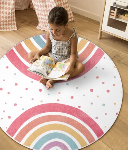 Staruia Round Rainbow Rug For Girls Bedroom,4Ft Washable Kids Rug For Baby Nursery,Non-Slip Circle Area Rug Colorful Princess Carpet For Teen Dorm Playroom Tent #TOP6