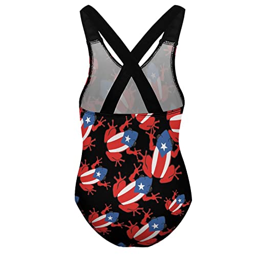 Puerto Rican Frog Flag Girl's One Piece Swimsuit Quick Dry Bathing Suit Cross Back Straps Swimwear 9-11Y（140cm）2