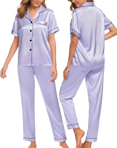 Image of SWOMOG Women Satin Pajamas Set Short Sleeve Top & Pants Sleepwear Silky Button Down Nightwear 2pcs Loungewear Pjs Set