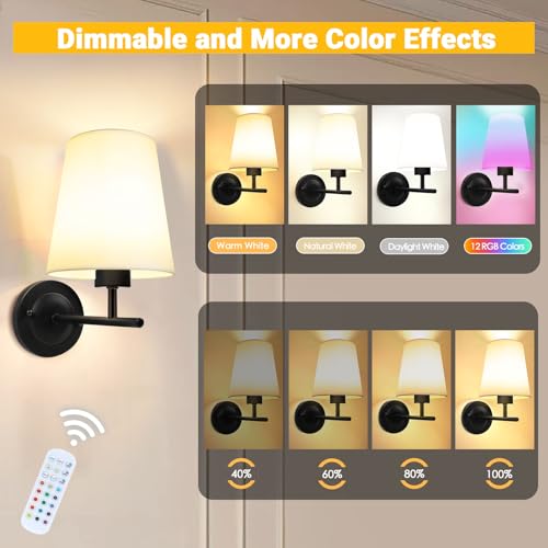 Image of Battery Operated Wall Sconce Set of Two, Black Cordless Rechargeable Wall Lights with Remote and Timer, 12 RGB Colors Dimmable Wall Lamps for Bedroom Living Room Hallway