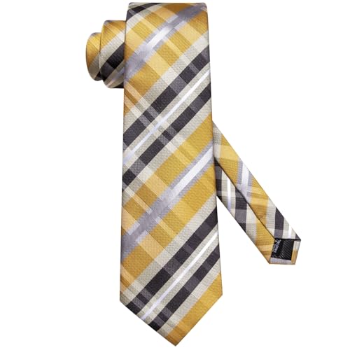 Image of Hi-Tie Mens Plaid Ties Classic Paisley Necktie with Handkerchief Cufflinks Set Business Stripe Tie