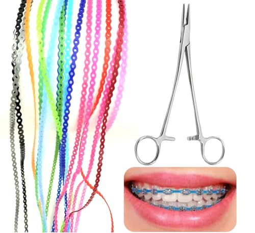 2BDENT 20-Pack Colorful Power Chains(Continuous) for Braces 20cm Orthodontic Elastic Bands with Pliers DIY Replacement Chains for Teens and Adults Fashion Dental Care