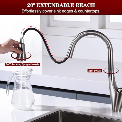 Image of sumerain Brushed Nickel Single Handle Pull Out Kitchen Faucet, Stainless Steel 1 Hole Kitchen Sink Faucet with Pull Down Sprayer