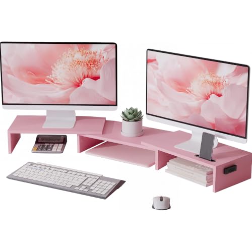 BONTEC Dual Monitor Stand Riser Adjustable Length & Swivel Angle Pink Ergonomic Wooden Desktop Organizer