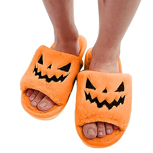 Knemksplanet Halloween Pumpkin Slippers Women Men Jack O Lantern Fuzzy Spooky Slides Soft Plush Cozy Slippers Indoor Outdoor2