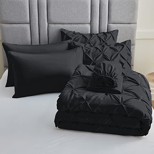 Cozylux Queen Comforter Set - 7 Pieces Comforters Queen Size Black, Pintuck Bed In A Bag Pinch Pleat Complete Bedding Sets With All Season Comforter, Flat Sheet, Fitted Sheet And Pillowcases & Shams #TOP4