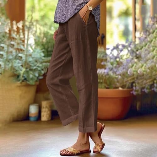 Cropped Linen Pants Women Summer Elastic Waist Straight Leg Plus Size Crop Pants Casual Beach Palazzo Trousers with Pockets2