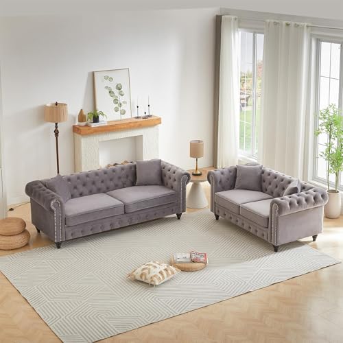 Image of Modern Chesterfield Sofa Set for Living Room, 2 Piece Velvet Fabric Furniture Sets 3 Seater Couch&Loveseat Sofa with Rolled Arms and Tufted Button, Office, Light Grey