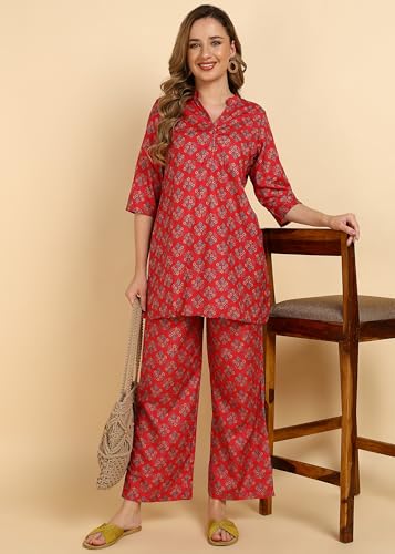 Image of Cotton Printed Co-ord Set, Red Rose, 3 /4 Sleeve Top with Mandarin Neck, Regular Fit Pants, Casual Wear