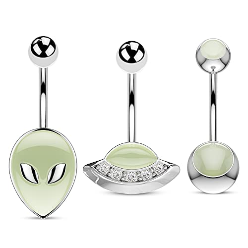 COCHARM 3PCS Halloween Alien Belly Button Rings Glow in the Dark 14G UFO Belly Navel Piercing Jewelry