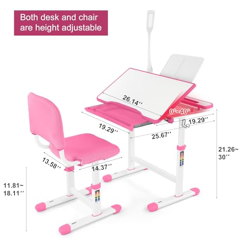Artist hand Kids Study Table and Chair Set,Adjustable Girls School Writing Study Table,with Large Writing Board LED Pull Out Drawer Pencil Case Bookstand,Pink - Thumbnail 2
