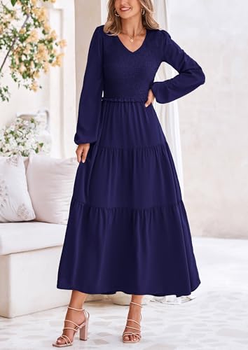 Image of PRETTYGARDEN Fall Dresses for Women 2025 Casual Long Sleeve V Neck Smocked A Line Long Flowy Wedding Guest Dress (Navy,Medium)