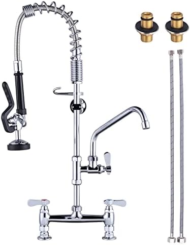 iVIGA Commercial Kitchen Faucet Deck Mount with Pre-Rinse Sprayer 26" Height Kitchen Sink Faucet 8 Inch Center with 10" Add-on Swing Spout Faucet & Coiled Spring Pull Down Spray