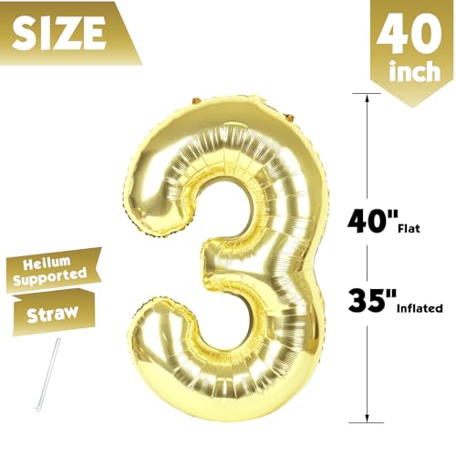Image of 40 Inch Light Gold Number 3 Balloon, Champagne Birthday Party Decorations