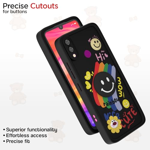 Image of Pikkme Back Cover for Redmi Note 7 / Note 7 Pro /Note 7s | Soft Silicone| Cute Rainbow Smile & 3D Cartoon Flower Design | Shockproof Raised Camera Protection Bumper Case (Black)