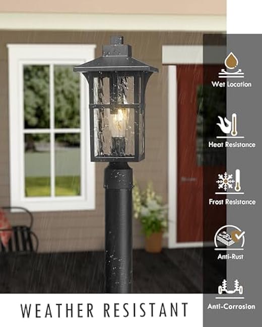 Outdoor Post Lights, HWH Large Lamp Post Light Fixtures, Exterior Pillar Lantern with Water Ripple Glass, Outdoor Pole Lamp for Column Pathway, Matte Black Finish, HX1P-SW BK (Large)