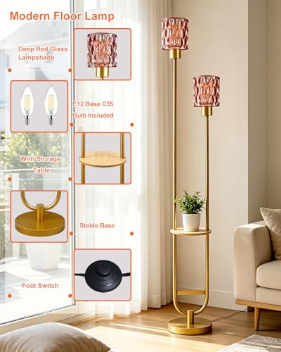 Image of Deep-Red Glass Floor Lamp with Table Shelf, Modern Gold Standing Lamp, Tall Farmhouse Floor Lamp with Foot Switch & 3000K Warm White Bulb Included for Living Room Bedroom Home Office