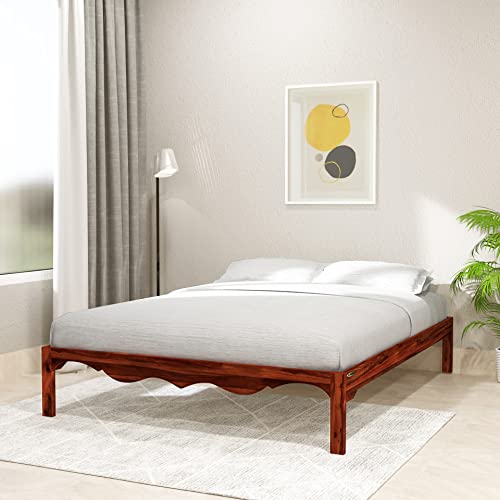 Image of STRATA FURNITURE Solid Sheesham Wood Mehraab Queen Size Bed Without Storage | Palang Cots Wooden Double Beds | Ideal Furniture for Living Room Bedroom (Honey Finish)