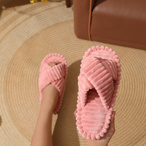 Slippers for Women Corduroy Cross Band Strap Open Toe Bedroom Comfy Anti-Skid House Slide Shoes4