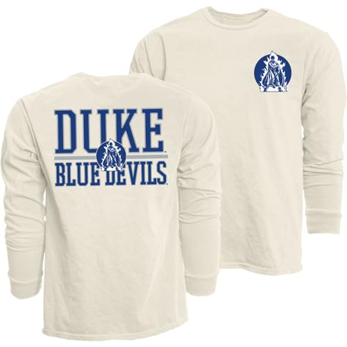 Duke Blue Devils NCAA Officially Licensed Long Sleeve T-Shirt Ringspun Front/Back Mascot Ivory, Large