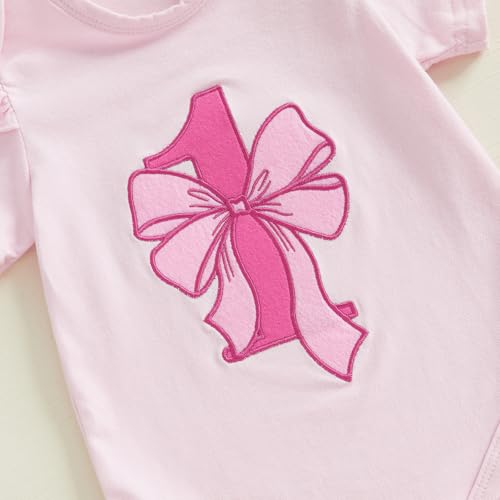 3Pcs Baby Girl 1st Birthday Outfit Bow Ruffle Short Sleeve Romper T-Shirt Bell Bottom Pants Summer Clothes Set3