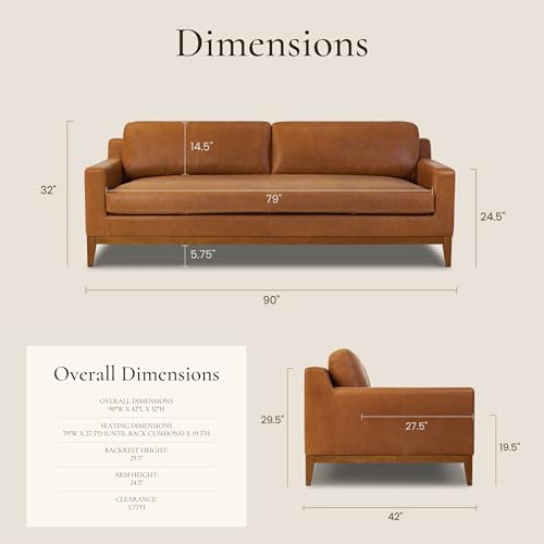 Image of POLY & BARK Zyon 90 inch Sofa - Saddle Tan Full-Grain Pure-Aniline Italian Leather, Feather-Down Cushions, Solid Wood Base & Legs, Mid-Century Modern Design