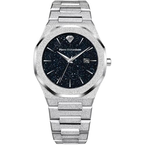 Pierre Richardson Men’s Luxury Watch PR5691 – Silver Frosted Stainless Steel Japanese Quartz, 41mm, 5ATM Water Resistant, Scratch-Resistant Sapphire Crystal Glass, Elegant Dress Watch for Men, Reloj para Hombres