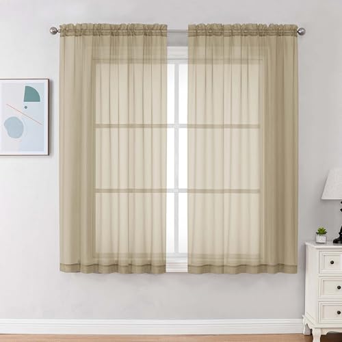 Image of Chyhomenyc Taupe Sheer Curtains 63 Inches Long 2 Panels, Light Filtering Bright Lightweight Curtains for Living Room, Soft Gentle Voile Rod Pocket Bedroom Window Drapes, 59Wx63L Inch, 2PCS