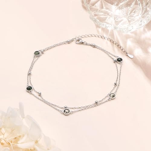 Image of Flyow Anklet for Women S925 Sterling Silver Adjustable Foot Beaded Heart Charm Ankle Bracelet Anklets Jewelry