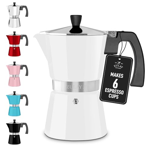 Zulay Premium Moka Pot Espresso - Cafetera espresso a prueba de fugas - Perfecto para auténtico espresso de estilo cubano e italiano - Hace 6 tazas de expreso, color blanco