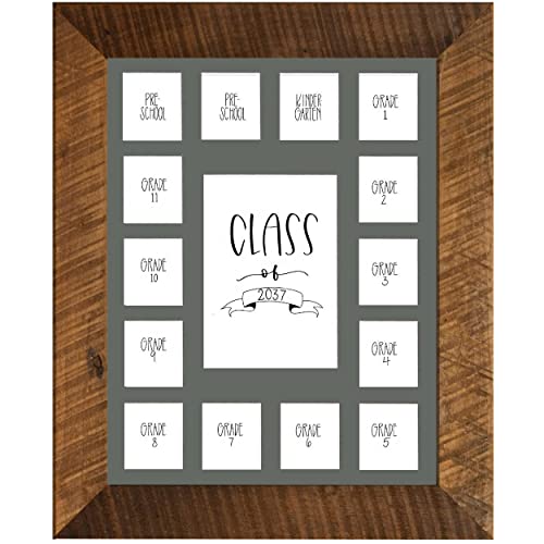 Image of Rustic Red Door Co. School Years Reclaimed Wood Picture Frame with Mat - 11x14 Wooden Framed 15 Photo Collage Mat Pre-School & Kindergarten to 12th Grade High School Graduation (Class of 2037, Grey)
