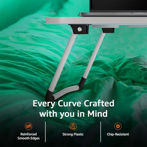 Image of Amazon Basics Engineered Wood Foldable Laptop Table with Cup Holder, Tablet Groove and Mini Drawer (60L x 40W x 26H cm, Blue)