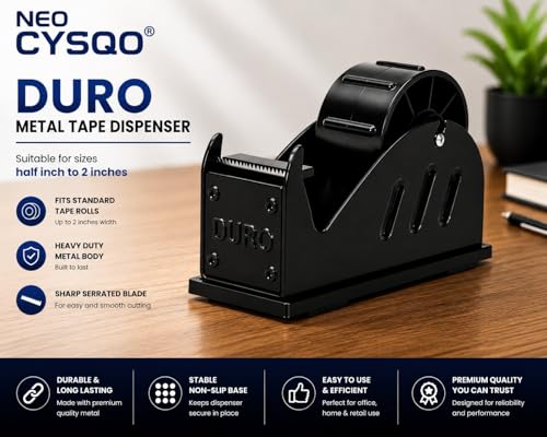 Image of NEO CYSQO Duro Heavy Duty Metal Tape Dispenser | Desktop Packing Tape Holder for 0.5 to 2 Inch Tape Rolls | Non-Slip Base | Sharp Serrated Blade | Office, Warehouse & Packaging Use (Black /Red)
