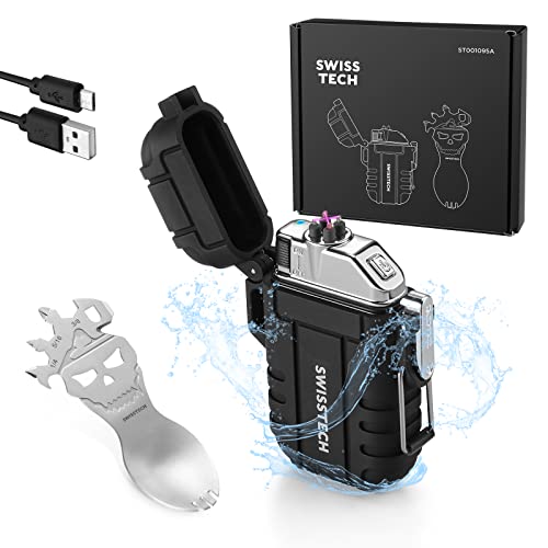 Swiss+Tech Waterproof Lighter, Outdoors Windproof Flameless Dual Arc Lighters with Multifunction Spoon, USB Rechargeable Electric Lighters for Camping, Hiking, Survival 2 Pieces Tool Set