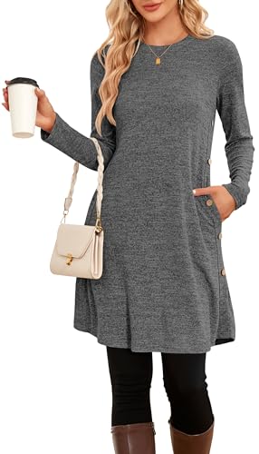 NARRAME Winter-Pullover-Kleider für Damen, Midi-Langarm, Kausale Knöpfe, seitliches Tunika-Kleid mit Taschen, mittleres ...