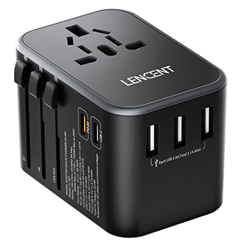 LENCENT Adaptador Enchufe Universal, Cargador Internacional con 3 Puertos USB A y 2 Puertos USB C PD Carga Rápida, Adaptador de Viaje para Móviles, Tabletas, Portátiles, USA/UK/EU/AUS, Tipo A/C/G/I