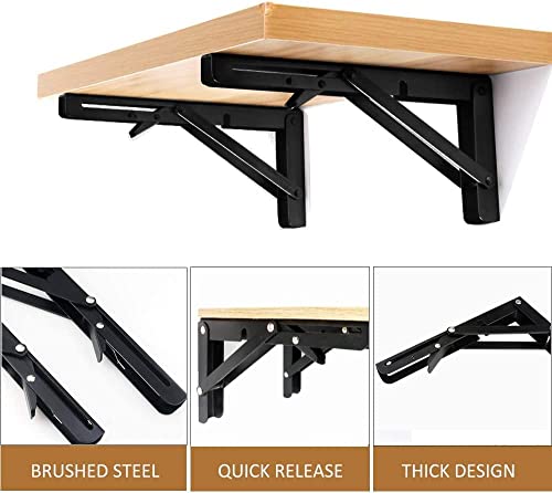 Image of L Angle Bracket 40cm Heavy Duty Foldable Wall Mounted Shelf Bracket Set with Release Arm Mechanism - Black Metal Support Brackets for Wooden Board (8 Inch)
