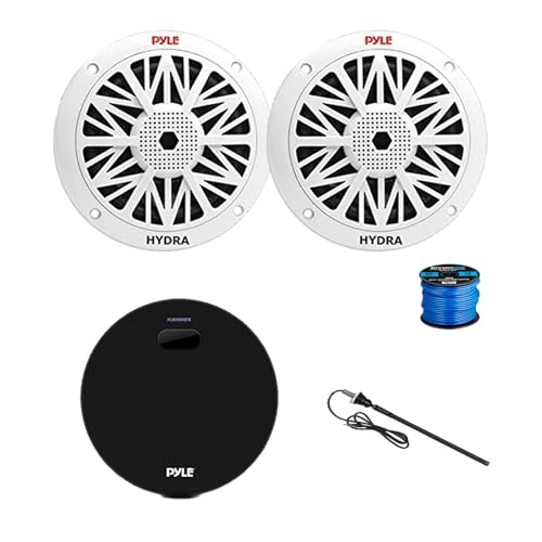 Pyle PLMRM4BTA Gauge Style Marine Bluetooth Receiver, 2X 6.5 200 Watt Peak Full Range 2-Way Waterproof Audio Speakers w/Wire, Long Range Antenna